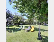 Grüne Gartenlandschaft mit Rasenfläche, mehreren schattenspendenden Bäumen und aufgestellten Sonnenliegen in unterschiedlichen Farben. Im Hintergrund hängen Hängematten zwischen den Bäumen.