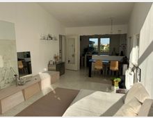 Wohnbereich mit minimalistischer Einrichtung, bestehend aus einer hellen Couch, einem schlichten Regal und einer offenen Küche im Hintergrund. Große Fenster lassen viel Tageslicht herein, und Pflanzen sowie dekorative Elemente setzen Akzente in einem modernen, offenen Raum.