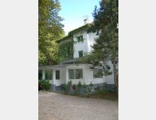 Weiße zweistöckige Villa von Bäumen umgeben, mit Efeu an einem Teil der Fassade; im Vordergrund ein Kiesweg und ein kleiner überdachter Eingangsbereich.