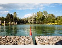 Ein Naturfreibad mit klarem, grünlich schimmerndem Wasser, eingerahmt von Bäumen und Sträuchern im Hintergrund. Am Beckenrand stehen Strandkörbe und gelbe Bänke, während in der Mitte des Wassers eine rote Trennleine verläuft.