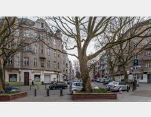 Straßenszene in einem urbanen Wohnviertel mit mehrstöckigen, beige-braunen Häusern im Altbaustil, Geschäften im Erdgeschoss und parkenden Autos entlang der Straße. Ein großer Baum steht in der Mitte eines Bürgersteigs, umgeben von Pflasterungen und kleinen Beeten.