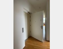 Schmaler, weiß gestrichener Flur mit Holzfußboden und geöffneter weißer Eingangstür mit Türspion und Metallklinke. Links ist eine geschlossene Innentür zu sehen, am Ende des Gangs öffnet sich der Blick in einen hellen Raum mit großen Fenstern.