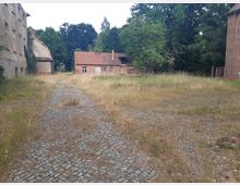 Ein verlassener Hof mit Kopfsteinpflasterweg, umgeben von grasbewachsenen Flächen. Im Hintergrund stehen mehrere alte Gebäude mit Ziegel- und Putzfassaden, teils überwuchert von Vegetation, sowie Bäume in einer bewaldeten Umgebung.