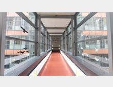 Ein moderner verglaster Verbindungsgang mit rotem Bodenbelag und schwarz-grauer Stahlrahmenkonstruktion, verziert mit Fensterstickern in Form von Vögeln und Schmetterlingen. Im Hintergrund sind Glasfassaden eines angrenzenden Gebäudes zu sehen.