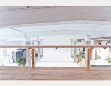 Industrieähnlicher Innenraum mit weiß gestrichenen Wänden und einer sichtbaren Betondecke, aufgenommen von einer erhöhten Holzbühne mit Geländer. Im Raum befinden sich mehrere Pflanzen, große Fenster mit Tageslichteinfall und Studioutensilien wie ein weißer Fotohintergrund.