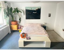 Minimalist bedroom with a low bed dressed in pale pink bedding and a white bench at the foot, set against white walls with large artwork above the headboard. A large potted plant sits on a wooden cabinet by a window with sheer curtains and a radiator, with small side tables and stacked books nearby on a blue carpet and light rug.