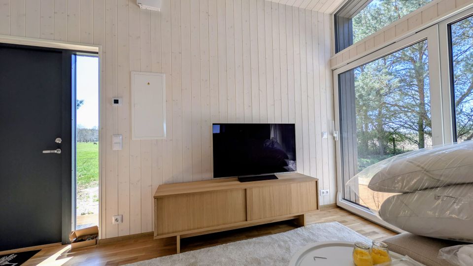 Heller Wohnbereich mit weißer Holzvertäfelung und hoher Decke, Fernseher auf einem niedrigen Sideboard sowie hellem Teppichboden. Große Fensterfront und Glastür geben den Blick auf Bäume und eine Grünfläche im Außenbereich frei.
