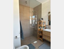 Modernes Badezimmer mit begehbarer Dusche, die durch eine Glaswand abgetrennt ist. Neben der Dusche steht ein Holzregal mit Pflegeprodukten, und rechts befindet sich ein Holzwaschtisch mit Waschbecken und Spiegel.