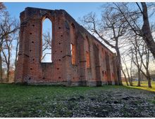 Ruine eines historischen Backsteingebäudes mit hohen Spitzbogenfenstern, umgeben von kahlen Bäumen und einer Wiese, im Hintergrund ein heller Himmel bei tief stehender Sonne.