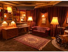 Gemütlicher Raum im Vintage-Stil mit einer roten Ledercouch, einem offenen Klavier, einer Kommode und mehreren Steh- und Tischlampen mit Lampenschirmen. Bücherregale und Vorhänge in warmen Brauntönen sowie ein Teppich mit orientalischem Muster prägen die Einrichtung, daneben steht ein Teil eines Schlagzeugs.