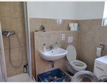 Badezimmer mit beiger Fliesenwand, einer Duschkabine mit Handbrause links, einem Waschbecken in der Mitte, einer Toilette rechts daneben und einer Waschmaschine im Vordergrund. Auf der Ablage über dem Waschbecken befinden sich diverse Hygieneartikel, Toilettenpapierrollen und ein Fenster ist oben rechts sichtbar.