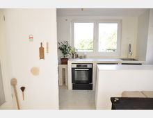 Eine minimalistisch gestaltete Küche mit weißen Wänden und Arbeitsflächen. Sichtbar sind ein eingebauter Backofen, eine Spüle vor einem großen Fenster, ein Topfpflanze auf der Arbeitsfläche und an der Wand aufgehängte Küchenutensilien wie Reiben und Bürsten.