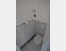 Kleine, modern gestaltete Toilette mit weißen Fliesen und Mosaikfliesen an der Wand. An der Wand befinden sich ein Toilettenpapierhalter mit einer Rolle sowie eine eingebaute Betätigungsplatte für die Spülung. Ein weiteres Toilettenpapier liegt auf einer erhöhten Ablage.