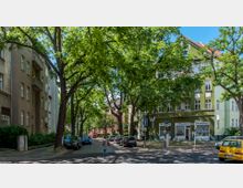 Straßenszene in einer Wohngegend mit mehrstöckigen Gebäuden, die von Bäumen gesäumt sind und teilweise Balkone haben. Im Vordergrund parken Autos entlang der Straße, und ein Geschäft mit der Aufschrift „Maniküre“ ist in einem grünen Gebäude zu sehen.