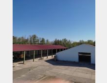 Eine Freifläche mit zwei Hallengebäuden: links eine lange offene Halle mit rotem Wellblechdach und grünen Stützpfeilern, rechts eine weiße geschlossene Halle mit einer großen offenen Toröffnung. Im Hintergrund sind Bäume und ein klarer blauer Himmel zu sehen.