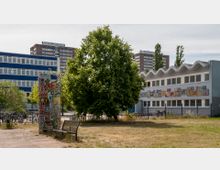 Außenansicht eines Schulhofs mit einer Rasenfläche im Vordergrund, einer bunt verzierten Stele, einem Baum und einem modernen Gebäude mit dekorativen Kunstwerken an der Fassade. Im Hintergrund sind weitere mehrstöckige Wohngebäude und ein Fahrradabstellbereich zu sehen.