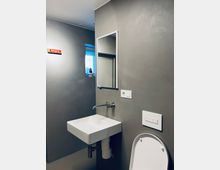 Ein kleines, modernes Badezimmer mit grauen Wänden, einem rechteckigen Waschbecken, einem Wandspiegel, einer weißen WC-Betätigungsplatte und einem Fenster mit Tageslichteinstrahlung. An der Wand hängt ein Schild mit der Aufschrift "Ausgang".