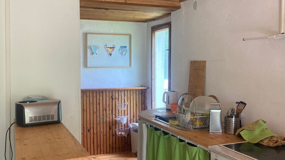 Schmale Küche mit Holzdecke und Holzboden, einer langen Arbeitsplatte rechts mit Herd und Spülbecken sowie einem grünen Vorhang als Unterschrankabdeckung. Am Ende des Raums stehen eine Holzverkleidung und eine Glastür nach außen, links befindet sich ein schmaler Tisch mit kleinem Gerät.