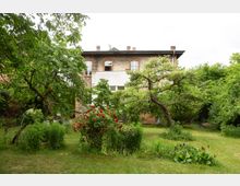 Blick auf einen grünen Garten mit Rasen, Obstbäumen und einem Rosenstrauch im Vordergrund. Im Hintergrund steht ein zweigeschossiges Wohnhaus mit verputzter Fassade, Backsteinakzenten, Satteldach und mehreren Fenstern.