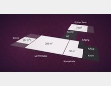 Grundriss des "Meistersaals" mit einer Bühne (32 m²), einem Hauptsaal (266 m²), einer Wandelhalle (90 m²), einem Grünen Salon (79 m²) sowie angrenzenden Bereichen wie Küche, Aufzug, WC und Raucherbereich. Der Hintergrund ist dunkelviolett mit geometrischen Mustern.