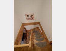 Holztreppe in einem Innenraum mit halbkreisförmigen Teppichauflagen auf den Stufen, umgeben von weißen Wänden; an der Wand hängt ein Bild mit drei Hunden.