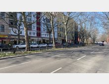 Straßenansicht mit mehrspuriger Fahrbahn, mittig von Bäumen gesäumt. Im Hintergrund befinden sich mehrstöckige Wohn- und Geschäftsgebäude in verschiedenen Farben, mit parkenden Autos und einigen Geschäften im Erdgeschoss.