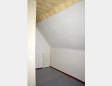 Ein leerer Raum mit schräger Dachwand, hellem Wandmuster und einem holzverkleideten Deckenbereich. Im hinteren Bereich befindet sich eine kleine, weiße Tür und der Boden ist grau gestrichen.