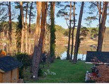 Waldreicher Seeuferblick mit Kiefern, einer Rasenfläche im Vordergrund und kleinen Holzgebäuden. Im Hintergrund spiegelt sich der See in der winterlichen Landschaft, umgeben von Bäumen und vereinzelten Gebäuden.