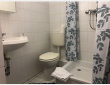 Kleines Badezimmer mit weiß gefliesten Wänden und einem kleinen Waschbecken, einer Toilette und einer Duschwanne mit blattgemusterten Duschvorhängen. Auf der Toilettenspülung liegt eine Toilettenpapierrolle, und ein Handtuch befindet sich auf dem Duschrand.