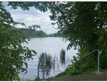 Blick auf einen See, umrahmt von dichtem grünen Laub und Bäumen am Ufer. Im Vordergrund führt eine Metalltreppe mit Geländer zum Wasser, und im Hintergrund ist eine rote Boje sichtbar.