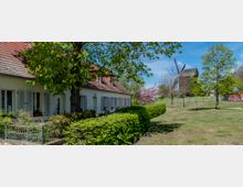 Eine ländliche Szene mit einem weißen Haus mit roten Dachziegeln und Fensterläden, umgeben von Bäumen und einem gepflegten Garten. Im Hintergrund steht eine historische Holz-Windmühle auf einer leicht erhöhten Wiese.