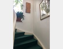 Treppenaufgang mit grünem Teppichbelag und weiß gestrichenen Wänden. An der Wand hängt ein gerahmtes Bild sowie ein wandhängendes Kunstwerk aus Holz, daneben stehen Pflanzen auf einem Fensterbrett.