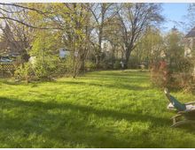 Grüne Rasenfläche in einem Garten mit vereinzelten Büschen und Bäumen, umgeben von einem Holzzaun und angrenzenden Wohnhäusern im Hintergrund. Rechts im Vordergrund steht ein Liegestuhl, während der Garten in der Morgensonne liegt.