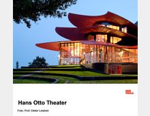 Das Foto zeigt das Hans Otto Theater in Potsdam bei Abenddämmerung. Das Gebäude zeichnet sich durch geschwungene, rote Dachkonstruktionen und große Glasfassaden aus, die den beleuchteten Innenraum sichtbar machen. Im Vordergrund befinden sich Rasenflächen mit terrassenförmiger Gestaltung.