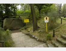 Ein steiniger Weg führt durch eine bewaldete Umgebung zu einem großen Findling, flankiert von zwei gelben Warnschildern mit Hinweisen zum Schutz der Anlage. Umgeben von Bäumen und niedrigen Pflanzen vermittelt die Szenerie einen naturbelassenen Eindruck.