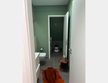 Ein kleines Badezimmer mit grünen Wänden und grauen Fliesen. Es enthält ein Waschbecken auf der linken Seite, eine Toilette, einen hölzernen Beistelltisch mit Papiertüchern und einen braunen Teppich in der Mitte des Raums.