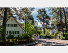 Eine ruhige Wohnstraße mit Einfamilienhäusern, umgeben von hohen Bäumen und viel Grün. Die Häuser haben steile Satteldächer, helle Fassaden und Fensterläden, während Autos am Straßenrand parken.