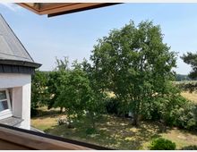 Blick aus einem Fenster auf eine ländliche Landschaft mit großen, grünen Bäumen und einer Wiese. Im Vordergrund befindet sich eine Hausecke mit einem leicht geneigten Dach, im Hintergrund weitläufige Felder.