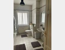 Helles Badezimmer mit weiß gefliesten Wänden und Böden, ausgestattet mit einer Toilette, einem Waschbecken, einer Badewanne und einer Waschmaschine. Ein kleines Fenster mit halbtransparentem Vorhang, ein Wäschekorb und graue Teppichmatten ergänzen die Einrichtung.