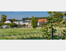 Eine ländliche Szene mit mehreren Einfamilienhäusern, die teils weiße oder rote Dächer haben, umgeben von Bäumen und Sträuchern. Im Vordergrund ist eine grüne Wiese mit einzelnen Bäumen und einem Maschendrahtzaun sichtbar.