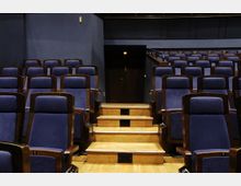 Innenansicht eines Theaters oder Hörsaals mit Reihen von gepolsterten, blauen Sitzen in dunklen Holzrahmen. In der Mitte führt eine kleine Holztreppe zu einer geschlossenen Tür an der Rückwand mit dunkler Verkleidung.