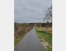 Pflasterweg in einer ländlichen Gegend, gesäumt von Wiesen, Zäunen und vereinzelten Bäumen, der in Richtung eines kleinen Dorfs mit einigen Häusern und einer entfernten Geländeerhebung führt. Der Himmel ist bewölkt und die Landschaft wirkt winterlich kahl.