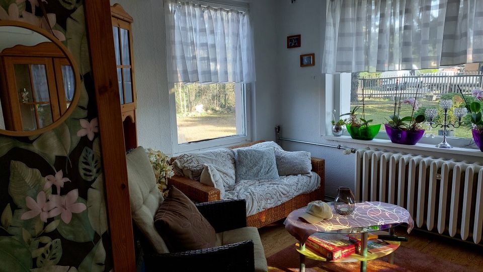 Gemütlicher Wohnbereich mit Rattansofa und Sitzmöbeln vor zwei großen Fenstern mit halbtransparenten Vorhängen. Auf der Fensterbank stehen Pflanzen in farbigen Schalen über einem Heizkörper; davor ein runder Couchtisch auf Teppich.