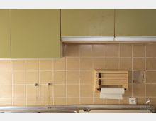 Küchenwand mit beige gefliester Fläche, einem Wandrollenhalter mit Küchenpapier und grünen Oberschränken aus Holz. Unten zusätzlich sichtbarer Teil einer Edelstahlspüle.