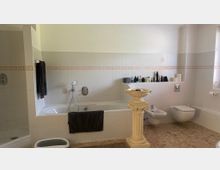 Großes Badezimmer mit hellen Wandfliesen und einer eingelassenen Badewanne in der Mitte. Rechts von der Wanne befinden sich ein Bidet und eine hängende Toilette, links eine Dusche. Ein dekorativer Säulenständer steht im Vordergrund, und auf den Ablagen sind Pflegeprodukte und Accessoires angeordnet.