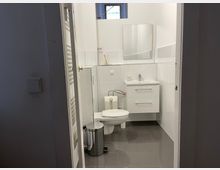 Kleines Badezimmer mit weißen Fliesenwänden und grauem Fliesenboden. Zu sehen sind ein Wand-WC, ein Waschbecken mit weißem Unterschrank und Spiegel, sowie ein silberner Mülleimer.