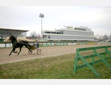 Pferderennbahn mit einem Sulky, der von einem schwarzen Pferd gezogen wird, im Vordergrund. Im Hintergrund sind moderne Gebäude, Tribünen und Flutlichtmasten zu sehen, umgeben von einer grünen Absperrung und Rasenflächen.