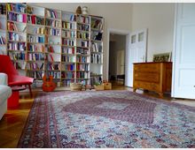 Wohnzimmer mit einer großen Bücherwand, auf deren Regalböden Bücher und Dekorationsgegenstände stehen, sowie einer Gitarre am Boden. Im Vordergrund liegt ein großer, gemusterter Teppich auf dem Holzboden, daneben stehen ein roter Sessel, eine Holzkiste und eine antike Kommode.