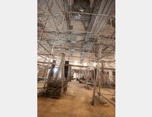 Innenansicht einer Baustelle in einem großen Gebäude mit umfangreichem Gerüstsystem. Der Boden besteht aus Holzplatten, und die Decke zeigt gewölbte architektonische Strukturen, die teilweise verdeckt sind.