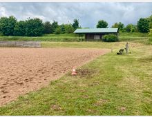Offener Reitplatz mit sandigem Boden, umgeben von einer Wiese und Bäumen im Hintergrund. Eine hölzerne überdachte Hütte steht seitlich, während Warnkegel und ein Metallgestell auf der Wiese stehen.